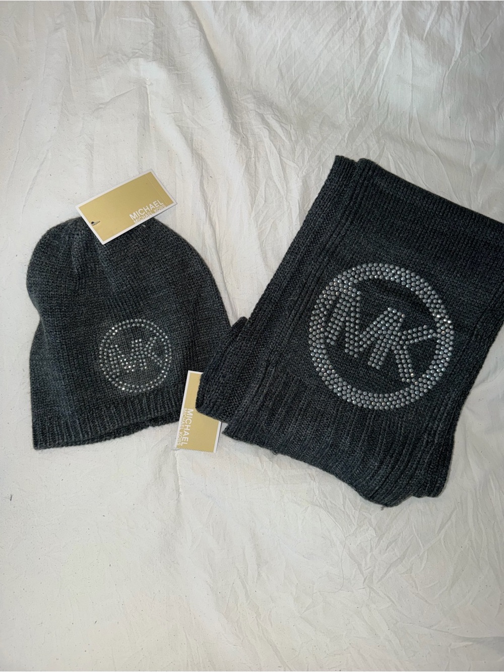 Michael Kors Gray Knit Beanie and Scarf Set with MK Crystal Logo
